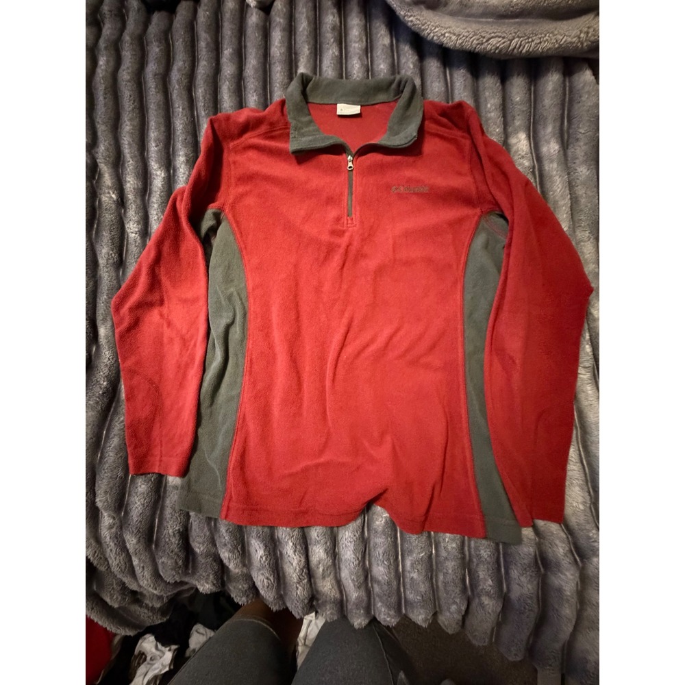 Columbia Mens Quarter Zip Fleece Pullover Red Gray Outdoor Hiking Sweater L